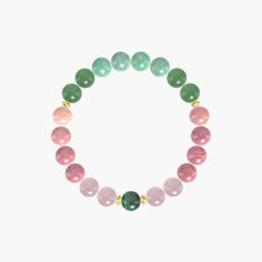 This bracelet is a stunning combination of Rhodonite, Rose Quartz, Aventurine, Green Jade, and Malachite beads, adorned with gold stainless steel spacers. Each gemstone holds its unique meaning and color, creating a harmonious blend. Rhodonite promotes love and emotional healing with its beautiful pink hues. Rose Quartz symbolizes unconditional love and compassion, radiating a gentle pink energy. Aventurine brings luck and abundance, with its soothing green shade. Green Jade represents harmony a Spiritual Jade Bracelets For Everyday, Everyday Spiritual Jade Bracelets, Pink Agate Spiritual Bracelets, Natural Stones Rose Quartz Beaded Bracelets, Pink Agate Jewelry With 8mm Beads, Spiritual Jade Beaded Bracelets For Everyday, Rose Quartz Beaded Bracelets With Natural Stones, Pink Agate Bracelets With 8mm Beads, Beaded Rose Quartz Bracelets With Natural Stones