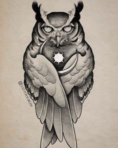 an owl with a crescent and star on it's chest is depicted in this tattoo design