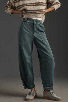 The Closed Rhannon Pants feature large worker-style pockets and an adjustable barrel leg using press studs at the hem. | Rhannon Barrel Pants by Closed in Green, Women's, Size: 31, Cotton at Anthropologie Utility High Waist Work Pants, Loosely Fitted Utility Work Pants With Tapered Leg, Fall Utility Parachute Pants With Tapered Leg, Utility Work Pants With Loosely Fitted Hips, Wide-leg Cargo Work Pants, Utility High Waist Wide Leg Work Pants, Wide Leg Cargo Style Workwear Pants, Fall Relaxed Fit Parachute Pants For Work, Utility Wide-leg Work Pants With Patch Pockets