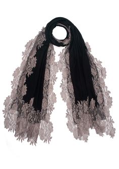 This black scarf is an all time classic with a little bling. Woven from a fine silk and wool blend, it features a contrasting Antique Silver floral lace border making for the perfect any time wear accessory whilst keeping you comfortably warm. For a casual or formal look, this is a must-have in every woman's wardrobe. Lace Scarf, Black Scarf, Lace Border, Head Accessories, Formal Looks, Women's Wardrobe, Black And White Colour, Wool Scarf, Scarfs