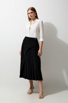 Tailored Buckle Detail Pleated Midi Skirt | Karen Millen Plus Size Workwear, Karen Millen Dress, Skirt Collection, Box Pleat Skirt, Digital Closet, Plus Size Coats, Crisp White Shirt, Engagement Dresses, Pleated Midi Skirt