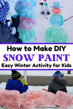 kids playing with snow paint in the snow and making snowmen out of ice cubes