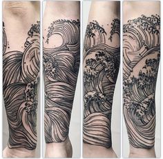 three different views of an arm with waves on it