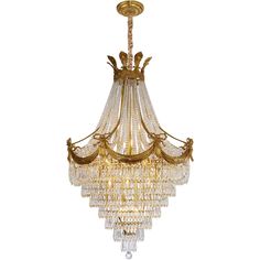 an antique chandelier with crystal drops hanging from it's center and gold trimmings