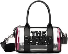 Find MARC JACOBS The Clear Mini' Duffle Bag on Editorialist. The Marc Jacobs 'The Clear Mini' Duffle Bag is crafted from transparent PVC and features black buffed leather trim. The bag has twin rolled carry handles, a zip closure, and an embossed logo and text at the front. The bag also features a logo patch at the back face and is unlined. The bag measures H5.5 x W7.5 x 4.5 inches. It is a mini bags duffle bag. Black Rectangular Satchel With Logo, Black Top Handle Satchel With Logo, Black Duffle Bag With Detachable Handle For On-the-go, Black Leather Satchel With Logo, Black Duffle Bag With Removable Pouch For Shopping, Black Duffle Bag With Top Carry Handle For Shopping, Baddie Purses, Cute Hand Bags, Mini Duffle Bag