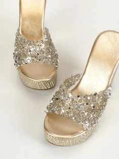 Sparkle in Style: Women's Platform Wedge Sandals with Rhinestones Summer Prom Platform Heels, Summer Platform Heels For Prom, Party Wedge Sandals With 4-inch Heel, Platform Sandals With Round Toe For Party Season, Glamorous Party Wedge Sandals With 4-inch Heel, Sparkling Sandals For Prom In Summer, Glamorous Summer Wedge Sandals With 4-inch Heel, Chic Sparkling Sandals For Summer, Glamorous High Heel Wedge Sandals With Rhinestones