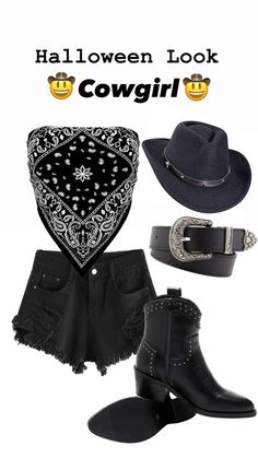 a cowboy outfit with boots, hat and bandana on the bottom is featured for halloween look