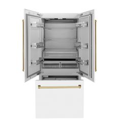 an open refrigerator with its doors wide open and no ice maker in the door, on a white background