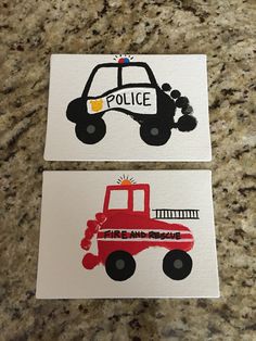 two cards with the words police and fire and rescue painted on them