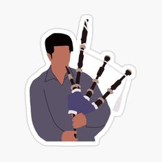 a man is holding some musical instruments in one hand and looking at the other sticker