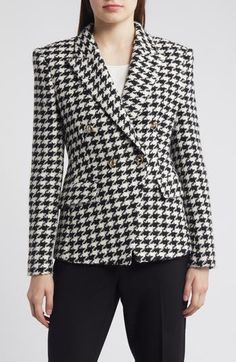 Ornate buttons accentuate the sophisticated style of this impeccably structured houndstooth blazer. Front button closure Peaked lapels Front flap pockets Back vent Lined 30% acrylic, 29% virgin wool, 26% recycled cotton, 11% polyester, 4% other fibers Dry clean Imported Houndstooth Blazer Outfit, Houndstooth Blazer, Loungewear Shorts, Breasted Blazer, Blazer Outfits, Double Breasted Blazer, Designer Clothes For Men, Modern Outfits, Autumn Fashion Women