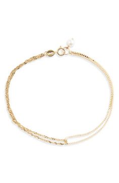 A sleek box chain paired with a shimmery rope chain create an unexpected contrast in this minimalist 14-karat gold bracelet with a cultured pearl charm. 6 3/4" length; 1/4" extender Pearl size: 4mm 14k gold/cultured pearl Made in Canada Asian Owned and Founded Adjustable Yellow Gold Bracelet With Pearl Chain, Gold Minimalist Pearl Chain Bracelet, Minimalist Gold Pearl Chain Bracelet, Gold Pearl Bracelet With 14k Gold Chain, Minimalist Pearl Chain Bracelet For Formal Occasions, Gold Chain Bracelet With Pearl For Everyday Wear, Formal Minimalist Pearl Chain Bracelet, Elegant Double Chain Gold-tone Bracelets, Elegant Gold Bracelet With Double Chain