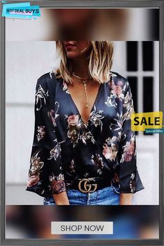 Women Long Sleeve Loose Print Blouse V Neck Casual Tops Print Blouse, Printed Blouse, Ladies Tops Fashion, Casual Tops, Women Long Sleeve, New Fashion, Casual Shirts, Top Shirt, V Neck