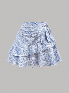 Teen Girl Blue & White Porcelain Printed Patchwork Skirt With Ruffle Hem For Holiday Blue Boho   Woven Fabric Floral,Ditsy Floral,All Over Print Layered/Tiered Non-Stretch  Teen Girls Clothing, size features are:Bust: ,Length: ,Sleeve Length: Blue Flower Skirt, Shuffle Cutouts, Casual Preppy Outfits, Patchwork Skirt, Flower Skirt, Cruise Outfits, Floral Mini Skirt, Blue Skirt