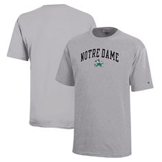 Help your kiddo show their Notre Dame Fighting Irish pride with this Arch Over Logo T-Shirt from Champion. This comfortable and breathable tee is made from jersey cotton and features a classic crew neck for a timeless look. The stacked team name and logo printed on the front make it clear where your young Notre Dame Fighting Irish fan's allegiance lies on game day. Pre-shrunk Cotton T-shirt For College, Athletic Heather Fan Apparel T-shirt, Athletic Heather Fan Merchandise T-shirt, Gray Crew Neck T-shirt For Fans, Athletic Heather Crew Neck T-shirt For Fan Gear, Collegiate Letter Print T-shirt In Athletic Heather, Collegiate Style Athletic Heather T-shirt With Letter Print, Athletic Heather Crew Neck T-shirt With Logo, Athletic Heather T-shirt With Logo Crew Neck