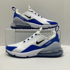 Nike Air Max 270 Golf Shoe Blue White Ck6483-106 Brand New With Box Men's Size 13 Blue Nike Air Max Lace-up For Sports, Blue Low-top Custom Sneakers For Training, Blue Low-top Custom Training Sneakers, Blue Low-top Training Sneakers, Sporty Running Shoes With Air Max Cushioning, Casual Blue Custom Sneakers For Training, Blue High-top Nike Air Max With Boost Midsole, Blue Nike Air Max High-top Shoes, Nike Running Shoes With Air Max Cushioning For Sports