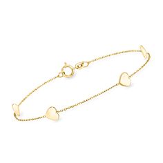 Ross-Simons - Italian 14kt Yellow Gold Heart Station Bracelet. 8". RS Pure. Modern designs that complete your outfit and complement your personality. Sweeten up your stack with this dainty 14kt yellow gold heart station bracelet! Featuring classic heart charms on a simple cable chain. Made in Italy. Springring clasp, 14kt yellow gold heart station bracelet. Classic Yellow Gold Adjustable Heart Bracelet, Classic Adjustable Yellow Gold Heart Bracelet, Adjustable Yellow Gold Heart Bracelet, Heart-shaped Yellow Gold Formal Bracelets, Heart-shaped Yellow Gold Bracelets For Formal Occasions, Formal Heart-shaped Yellow Gold Bracelets, Formal Yellow Gold Heart Bracelets, Delicate Yellow Gold Heart Bracelet, Classic Yellow Gold Heart Bracelets