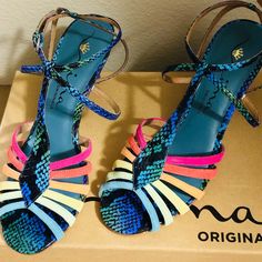 Brand New In Box. Size: 8 M. Leather/Suede. Heel Height: Approx. 2.5" H. Nina Originals Vibrant Stylish Comfy Ankle Strap Sandal T-Strap Birdcage Pumps Snakeskin Strappy Sandal Rainbow Multicolor Royal Blue Teal Strappy Mid-Heel Dressy Sandal Multicolor Strappy Sandals For Party, Multicolor Strappy Heels For Party, Blue Suede Sandals For Summer, Dressy Sandals, Pump Heels, Nina Shoes, Heels Sandals, Blue Teal, Mid Heel