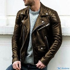 OrcaJump - Stylish Quilted Motorcycle Jacket with Collar: The Ultimate Fashion Statement Casual Brown Leather Jacket With Long Sleeves, Casual Leather Jacket For Fall Outdoor, Casual Brown Biker Jacket With Pockets, Casual Brown Leather Jacket For Winter, Casual Long Sleeve Biker Jacket For Outdoor, Casual Long Sleeve Leather Jacket With Pockets, Biker Outerwear With Pockets And Long Sleeves, Fitted Long Sleeve Casual Biker Jacket, Brown Biker Jacket For Fall Outdoor