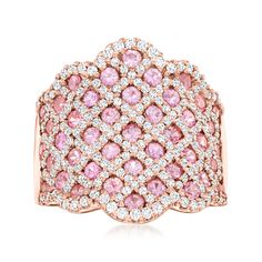 Ross-Simons - 1.70ct t. w. Pink Sapphire, .95ct t. w. Diamond Ring in Gold. Size 8. An absolute stunner from end to end! In a glamorous lattice-style design, this exquisite ring impresses with 1.70 ct. t. w. round pink sapphires and .95 ct. t. w. round brilliant-cut diamonds in polished 14kt rose gold. 3/4" wide. Diamond and pink sapphire ring. Pink Diamond Engagement Ring, Levian Jewelry, Pink Diamond Ring, Pink Sapphire Ring, Fine Jewelery, Sapphire Color, Natural Gold, Halo Diamond Ring, Blue Jewelry