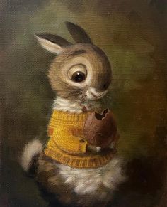 a painting of a rabbit holding an acorn in its mouth and wearing a sweater