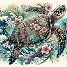 a drawing of a turtle with flowers on it's back and waves in the background