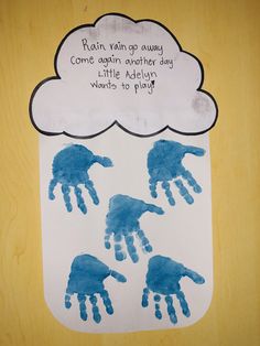 Rain rain go away come again another day. Handprint Rainy Day Art Preschool, Raindrop Art Preschool, Rainy Day Crafts For Kids Preschool, Rain Handprint Art, Rain Crafts For Preschoolers, Toddler Rain Craft, April Showers Handprint Art, Weather Handprint Art, Rain Crafts For Infants