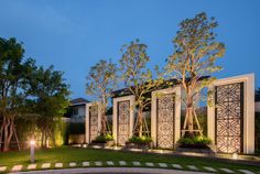 an outdoor garden with trees and lights at night