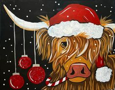 a painting of a brown cow wearing a santa hat with ornaments hanging from it's horns