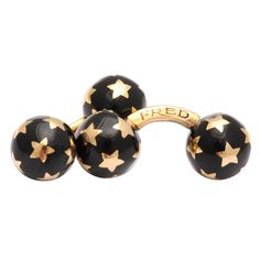 Male-chic! These handsome 18K gold ball cufflinks by Fred - Paris feature five-point stars that pop against a field of jet black enamel. One ball on each unscrews for easy insertion to any cuff. A generous 33 grams of gold. Ball diameter 3/8 inch. Gold and maker marks. Gold Link Bracelet, Platinum Diamond Rings, Gold Cufflinks, Pearl And Diamond Earrings, Vintage Cufflinks, Gold Brooches, Gold Bangle Bracelet, Cufflinks Men, Yellow Gold Bracelet