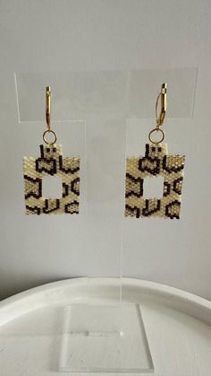 leopard pattern earrings with miyuki beads Handmade Elegant Rectangular Beaded Earrings, Elegant Handmade Beaded Rectangular Earrings, Elegant Handmade Rectangular Beaded Earrings, Leopard Print Earrings For Pierced Ears As Gift, Leopard Print Drop Earrings Gift, Leopard Print Earrings For Gift, Handmade Beige Earrings For Gift, Handmade Brown Square Jewelry, Handmade Square Brown Jewelry