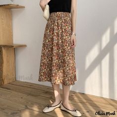 Olivia Mark - Daisy Print High Waist Midi Skirt With Floral Pattern Stylish Denim Skirt, High Waist Midi Skirt, Floral Handbags, Midi Denim, Skirts Midi High Waisted, Denim Midi Skirt, Daisy Print, Collar Blouse, Types Of Skirts