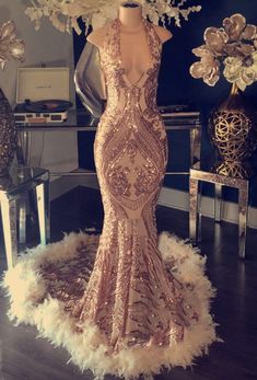 2024 Sexy Gold Sequence V Neck Halter Backless Feathers Prom Dresses Rose Gold Prom, Green Convertible, Prom Dress Gold, Gold Prom Dress, Feather Prom Dress, Wedding Arbor, Mother Dress, Gold Evening Dresses, Cheap Prom Dresses Long