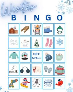 the winter bingo game is shown in blue and white