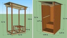 the plans for a saunat are shown in two different views, one with an open door