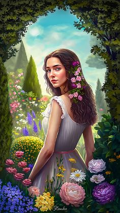 a painting of a woman with flowers in her hair, surrounded by greenery and bushes