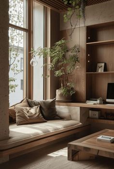 a living room filled with lots of wooden furniture and plants on top of windowsills