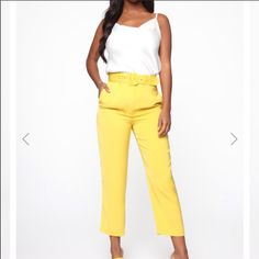 Nwt Fashion Nova Irene Belted Crop Pants- Size Small Color- Mustard White Fitted Belted Bottoms, High-waisted Dress Pants With Belt Loops For Summer, Spring Belted Bottoms For Night Out, White Belted Pants For Spring, Belted Bottoms For Spring Night Out, White High Waist Belted Pants, High Waist White Belted Pants, Fitted Belted Bottoms For Day Out, Fitted Belted Summer Pants