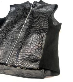 Kashani All Over Alligator Vest - Dudes Boutique Luxury Black Vest For Fall, Luxury Fitted Black Vest, Fitted Black Leather Vest, Black Luxury Vest, Black Luxury Sleeveless Vest, Luxury Black Sleeveless Vest, Womens Suede Boots, Alligator Skin, Style Vest