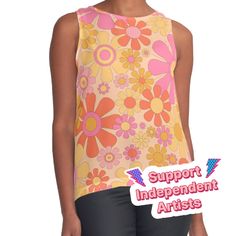 Women's sleeveless tank with vivid edge-to-edge sublimation print on front. Spliced materials for comfort. Front panel made from silky chiffon and solid color black or white jersey back. Sizes available XS- 2XL. Retro Garden Flowers 60s 70s Floral Pattern in Muted Orange Pink Yellow Apricot. Pretty, vintage aesthetic flowers with a nostalgic 1960s 1970s hippie flower power vibe. By Kierkegaard Design Studio. Spring Retro Graphic Print Tank Top, Retro Sleeveless Summer Tank Top, Retro Multicolor Tank Top, Multicolor Graphic Print Tank Top For Spring, Retro Graphic Print Sleeveless Tank Top, Orange Printed Sleeveless Top, Retro Yellow Tank Top For Spring, Yellow Retro Sleeveless Tank Top, Retro Yellow Sleeveless Tank Top