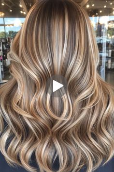 the back of a woman's head with long, wavy blonde hair and highlights