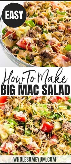 Big Mac Salad - Cheeseburger Salad Recipe (Low Carb, Gluten-Free) Low Carb Big Mac Salad, Big Mac Salad Recipe, Low Carb Big Mac, Cheeseburger Salad Recipe, Mac Salad Recipe, Cheeseburger Salad, Keto Cheeseburger, Salad Recipes Low Carb, Big Mac Salad