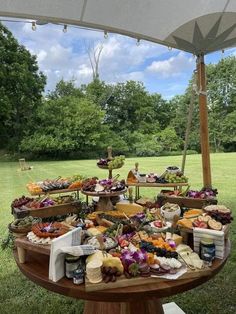 an outdoor table with food on it in the middle of a grassy area under an umbrella