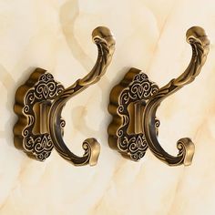 two ornately designed handles on a marble wall in an elegant style with swirls and scrolls