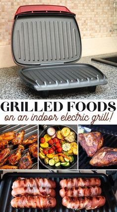 grilled foods on an indoor electric grill with text overlay that reads grilled foods on an indoor electric grill