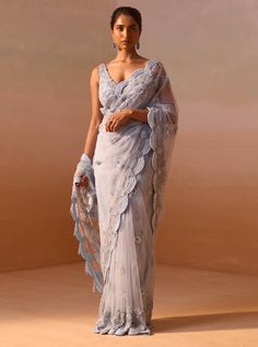 Net Sari, Organza Sari, Abhinav Mishra, Blue Sari, Shantanu And Nikhil, Reception Outfits, Applique Blouse, Character Wardrobe, Printed Organza