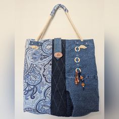 Beautiful Bag Made Of Denim Combined With Paisley-Design Fabric, Decorated With Wooden Rings And Rope Handles. A Unique, Versatile, And Timeless Piece. Never Used. All From Muy Closed Is Washed, Sanitized And Photograped Before Shipping. Rope Handles, Paisley Design, Denim Bag, Wooden Rings, Beautiful Bags, Handmade Bags, Timeless Pieces, Bag Making, Fabric Design