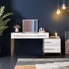 a white desk with a mirror on it and a plant in the corner next to it