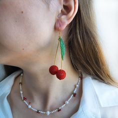 Red Cherry Beaded Earrings Fruit Earrings Cherry Dangle Earrings Long Drop Earrings - Etsy Handmade Cherry Jewelry For Party, Handmade Cherry Colored Round Bead Jewelry, Fun Dangling Beads Jewelry As Gift, Fun Dangling Beads Jewelry For Gifts, Fun Jewelry With Dangling Beads For Gift, Playful Handmade Adjustable Earrings, Cherry Color Dangle Earrings, Playful Drop Earrings With Ear Wire, Fun Dangle Beaded Earrings With Ear Wire