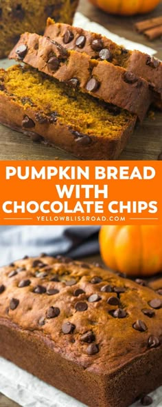 pumpkin bread with chocolate chips on top and an orange in the background text reads pumpkin bread with chocolate chips